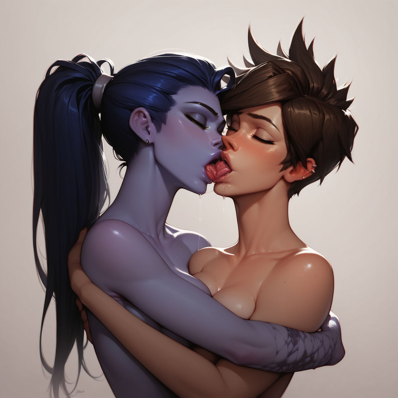 2girls, ai generated, arms wrapped around partner, blush, brown hair, closed eyes, female, light skin, light-skinned female, open mouth, overwatch, overwatch 2, purple hair, purple skin, saliva, saliva drip, saliva trail, short hair, tongue kiss, tracer, widowmaker