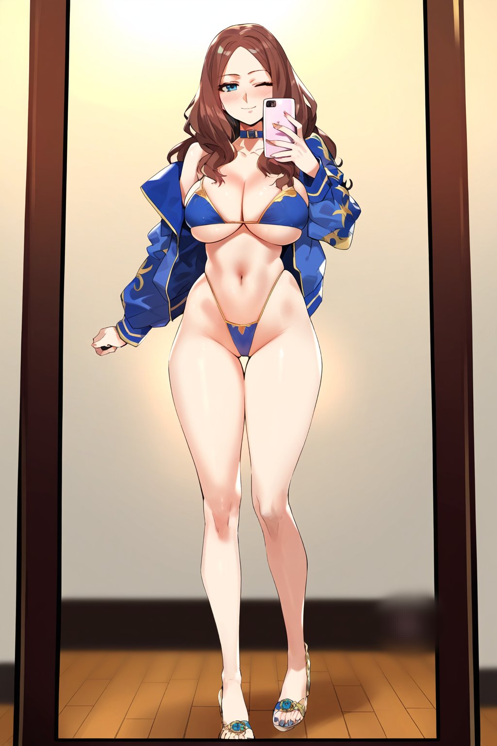 1girls, ai generated, bad anatomy, bikini, breasts, collar, fate (series), feet, female, full body, large breasts, leo over heaven, leonardo da vinci (fate/grand order), mirror selfie, smartphone, solo, standing
