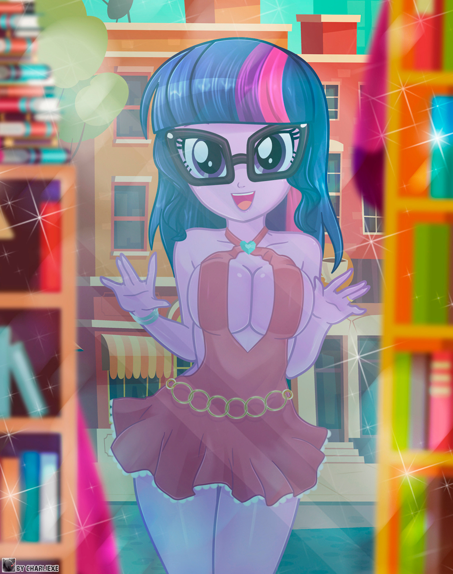 1girls against_glass big_breasts book bookshelf breasts charliexe cleavage dress equestria_girls female female_only friendship_is_magic glasses hasbro looking_at_viewer minidress my_little_pony open_mouth sci-twi solo solo_female