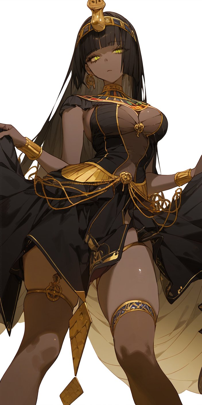 1girls, ai generated, black dress, black hair, breasts, dark skin, dark-skinned female, dress, egyptian, egyptian clothes, female, gold, large breasts, sagawa (artist), serious, yellow eyes