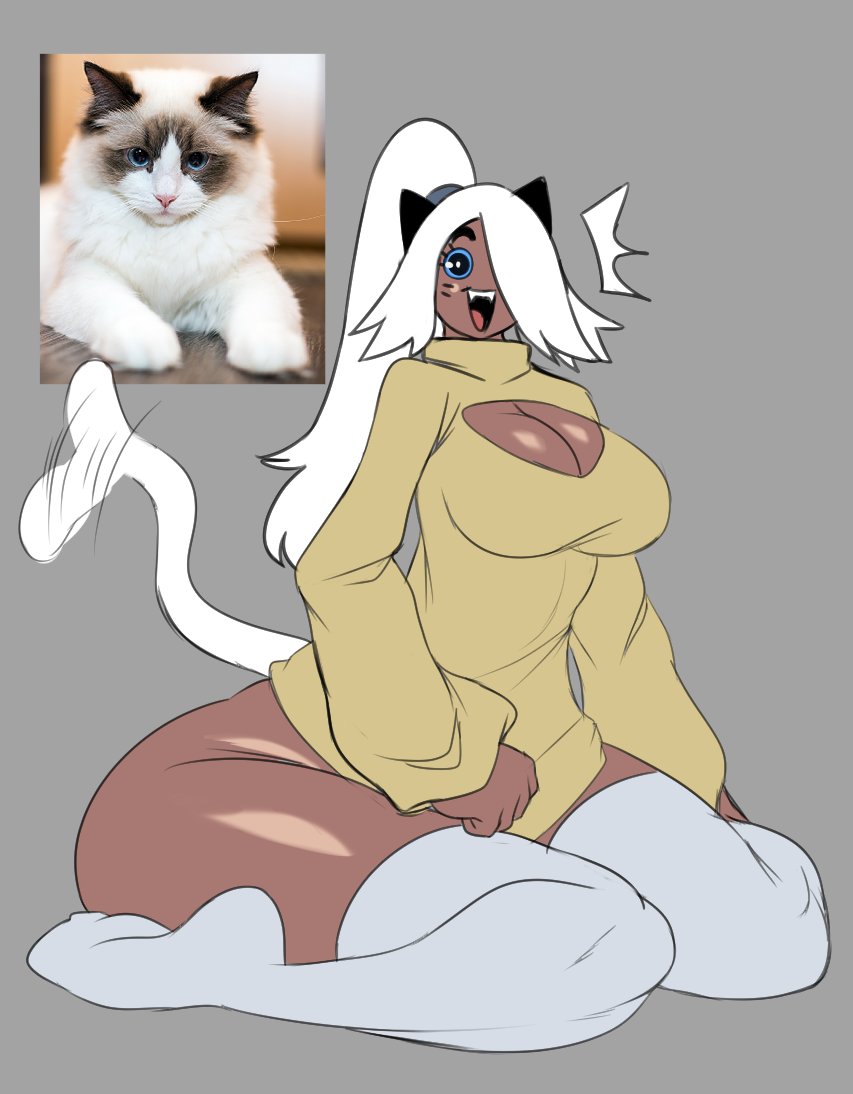 anthro anthro_on_anthro big_breasts blue_eyes catgirl cleavage feline happy mrjaysin ponytail smiling smiling_at_viewer stockings sweater tail tailwag thick_thighs white_hair white_tail