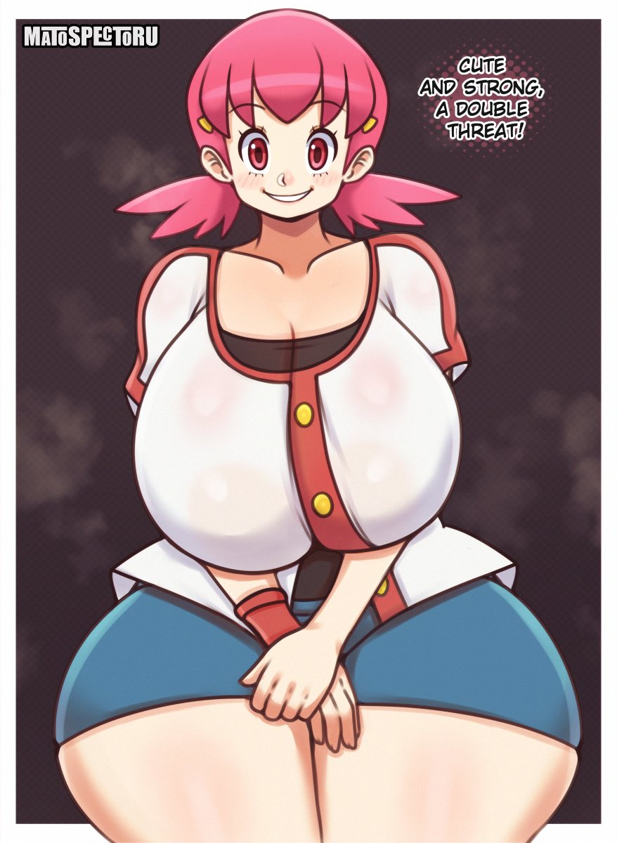 1girls, alternate breast size, big breasts, breasts, breasts bigger than head, female, female only, huge breasts, large breasts, looking at viewer, matospectoru, nintendo, pink eyes, pink hair, pokemon, solo, solo female, solo focus, text, thick thighs, thighs, whitney (pokemon), wide hips