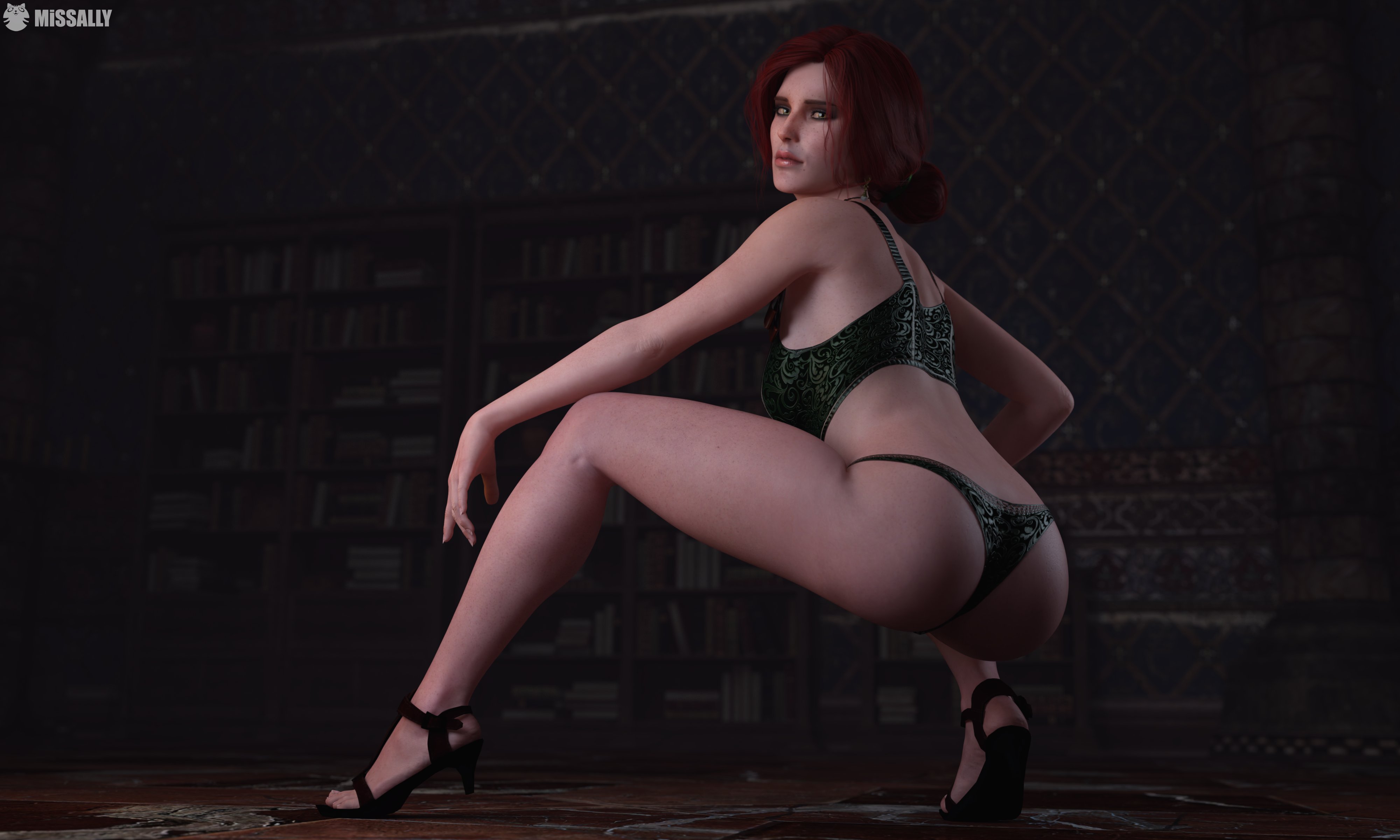 3d, ass, female, light skin, light-skinned female, looking at viewer, missally, panties, red hair, solo, the witcher (series), the witcher 3: wild hunt, triss merigold, underwear