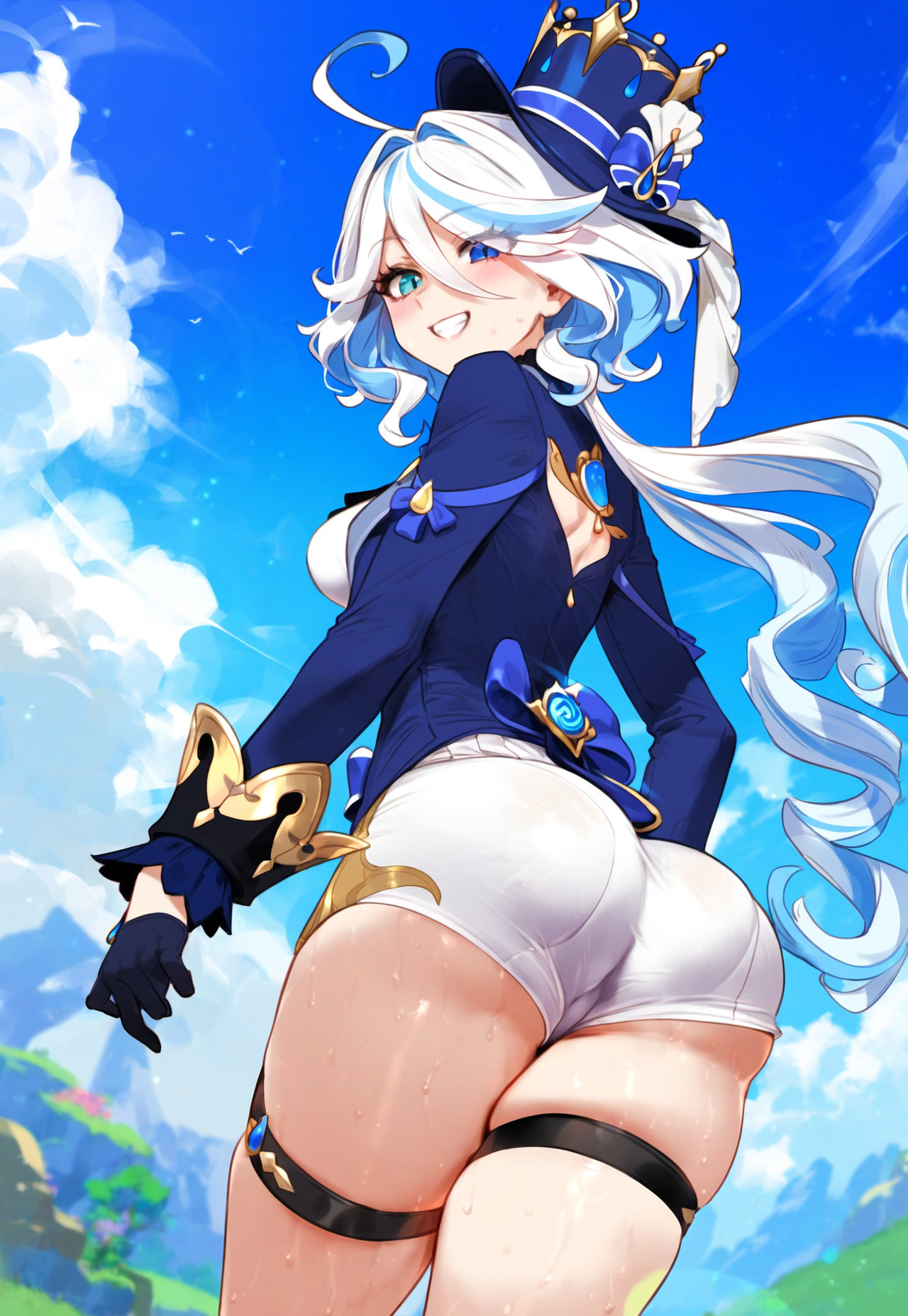 ai generated, artist request, ass, big ass, big breasts, big butt, breasts, female, furina (genshin impact), genshin impact, shorts, white hair