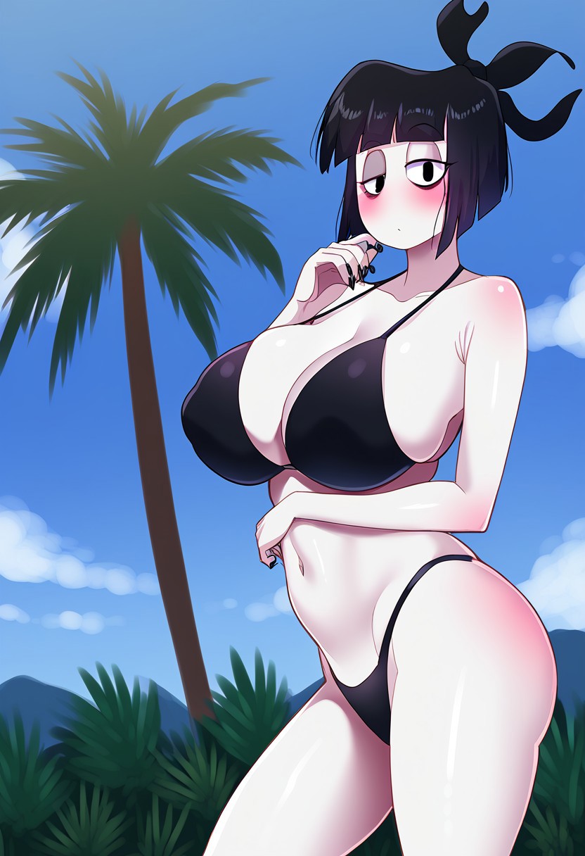 1girls adult_swim ai_generated beach big_breasts bikini blush creepy_susie goth palm_tree the_oblongs thighs