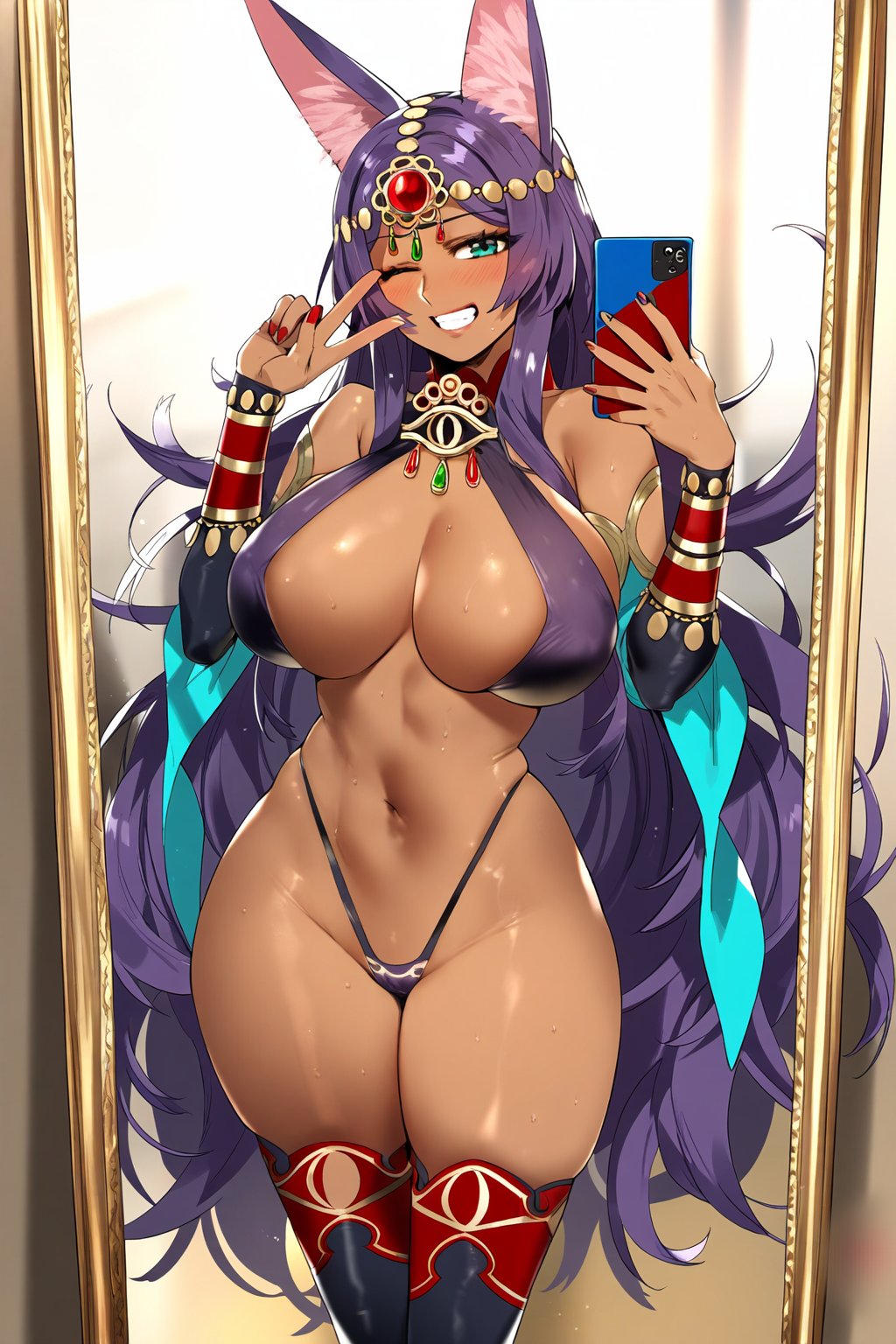 ai generated, bikini, fate (series), female, leo over heaven, mirror selfie, peace sign, queen of sheba (fate/grand order)