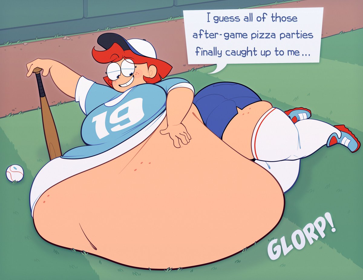 1girls alternate_version_available baseball_(sport) baseball_bat baseball_cap baseball_field belly belly_button fat_ass fat_female fat_fetish fatty laying_down laying_on_back laying_on_ground laying_on_side messy_(ridiculouscake) obese obese_female overweight ridiculouscake talking_to_self text text_box text_bubble