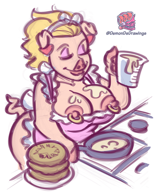 apron apron_only cooking demon_daddys_drawings mother original_character pierced_nipples piercings pig pig_girl self_upload sketch thick