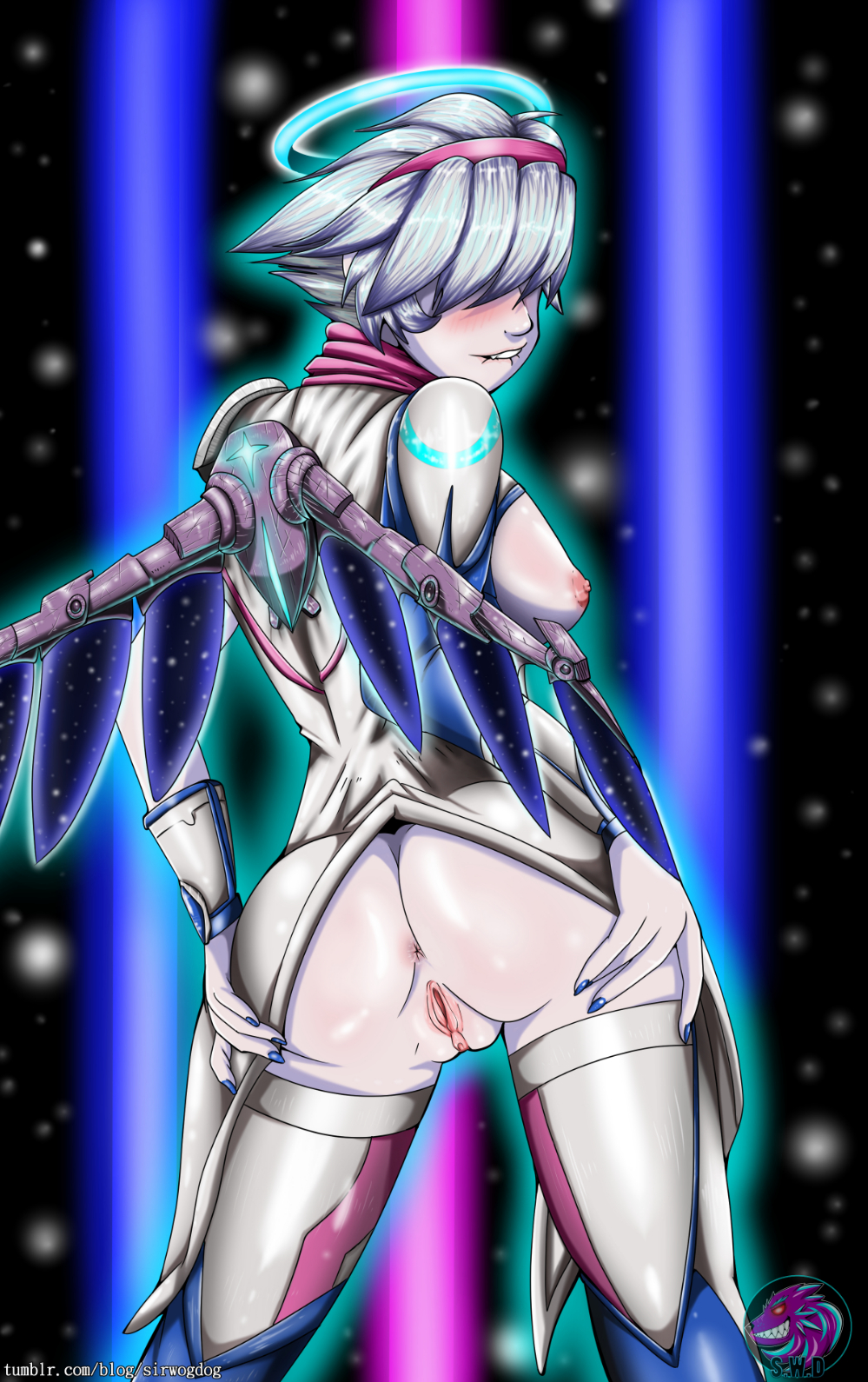 1girls alternate_costume anus biting_lip blush female goddess hi-rez_studios leona_jpf_nemesis light-skinned_female light_skin mythology nemesis_(smite) presenting presenting_anus presenting_hindquarters presenting_pussy pussy short_hair sirwogdog smite spread_ass thighhighs white_hair