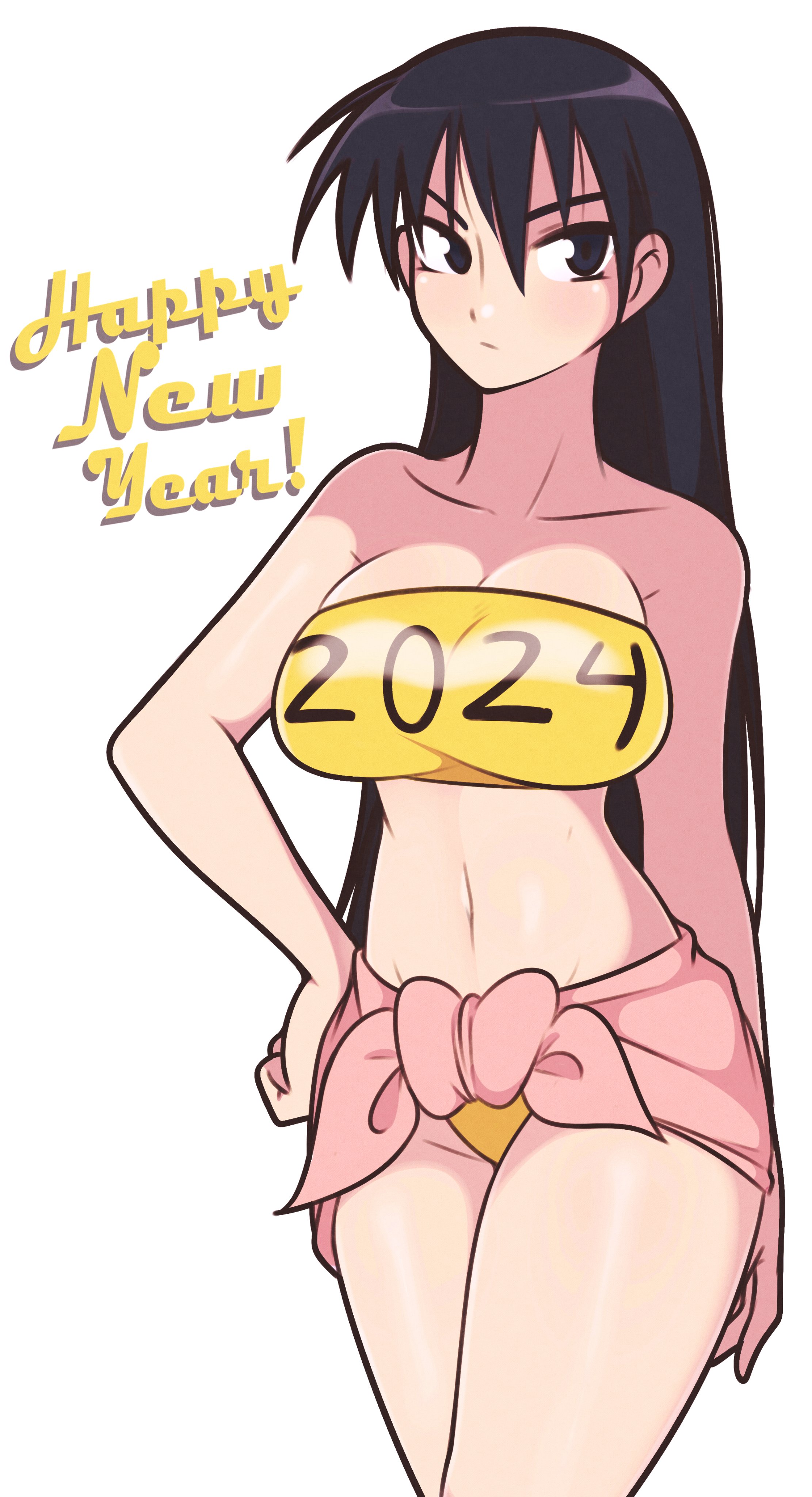 1girls, azumanga daiou, black eyes, black hair, breasts, cleavage, clothing, female, female only, jeffmiga, large breasts, long hair, sakaki, tubetop, white background
