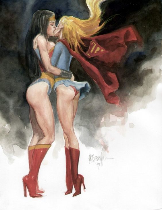 2girls ass big_ass black_hair blonde_hair dc_comics female female_only kissing mark_beachum panties supergirl traditional_media_(artwork) wonder_woman wonder_woman_(series) yuri