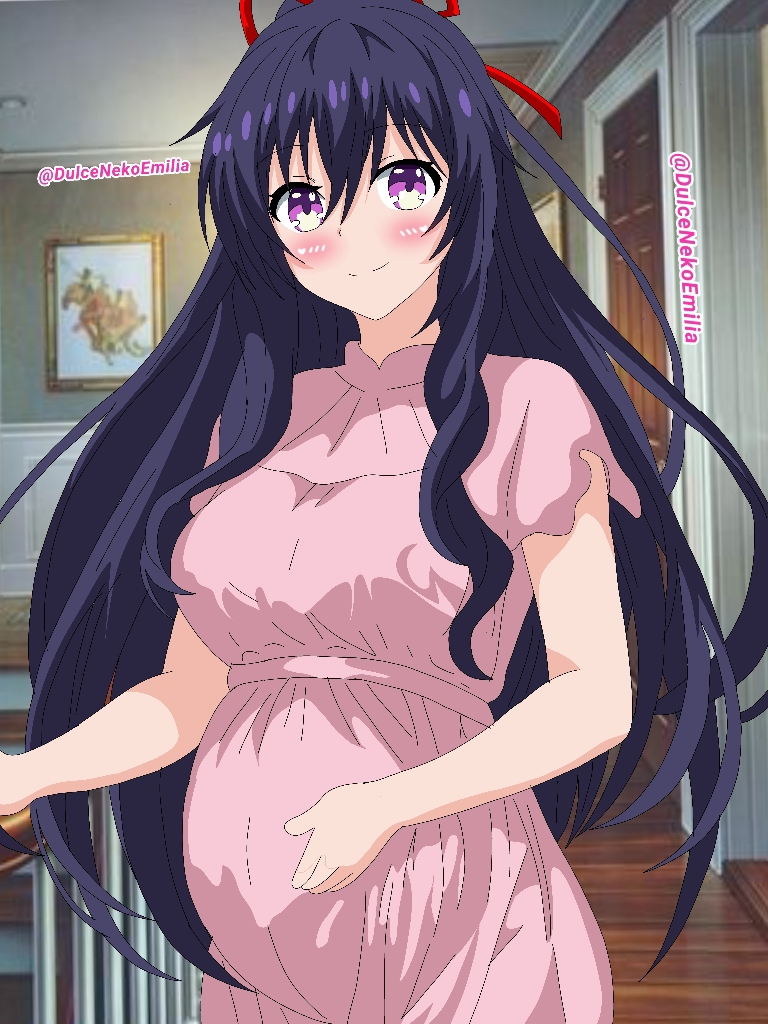 2d 2d_(artwork) big_belly big_breasts blush breasts clothed date_a_live dulcenekoemilia light-skinned_female long_hair looking_at_viewer pregnant pregnant_belly pregnant_female purple_eyes purple_hair ribbon solo solo_female yatogami_tohka