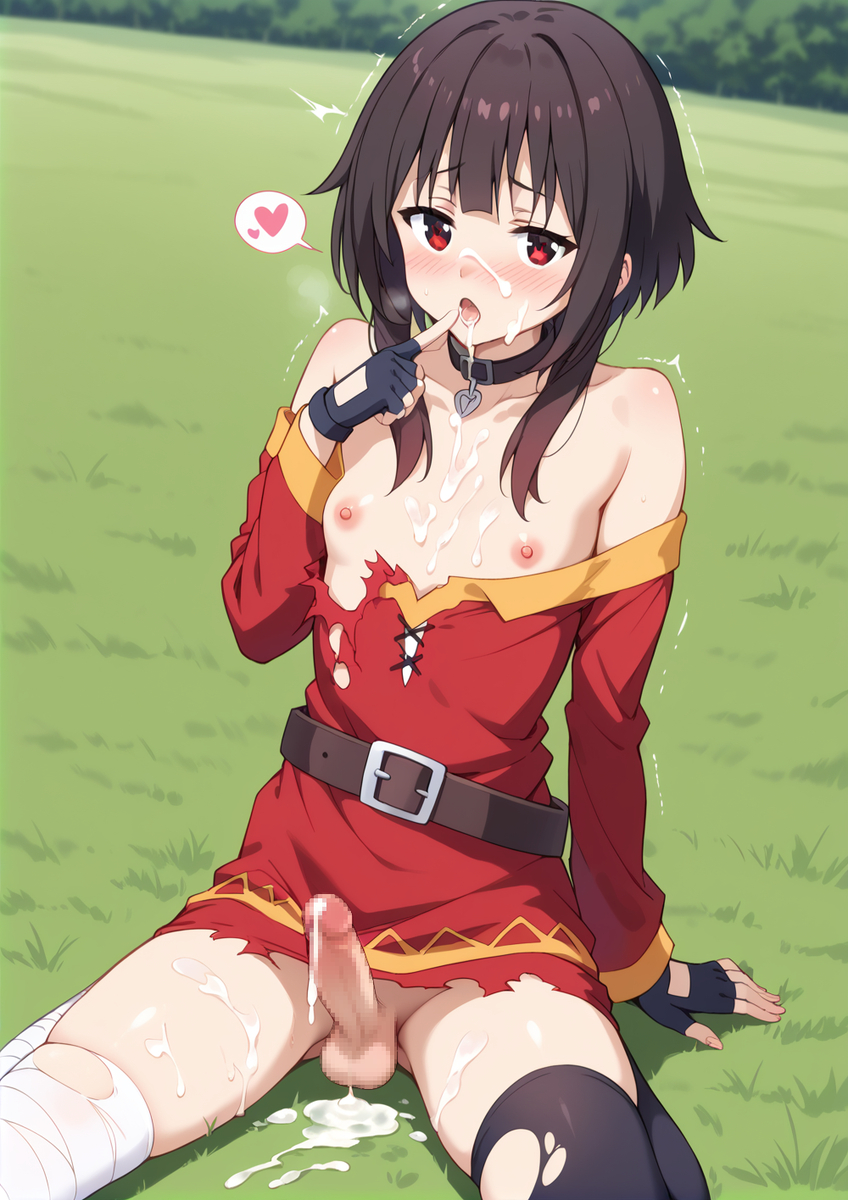 1futa ai_generated balls black_hair blush breasts cock dickgirl flaccid foreskin futa_only futanari half_naked huge_cock indoors kneeling kono_subarashii_sekai_ni_shukufuku_wo! light-skinned_futanari light_skin looking_at_viewer megumin naked nipples on_bed outdoors panties panties_down penis precum red_eyes short_hair small_breasts smug solo