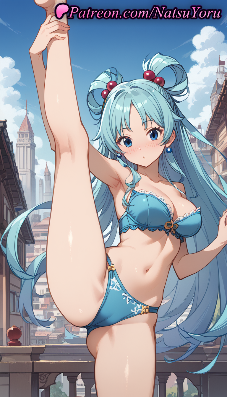 1girls ai_generated anime anime_style apple aqua_(konosuba) arm_up armpit armpits asian ass_visible_through_thighs bangs bare_arms bare_legs bare_shoulders barefoot bikini blue_bra blue_eyes blue_hair blue_panties blue_sky blush bra breasts building bust busty cameltoe cleavage clothing cloud collarbone day earrings feet female female_focus female_only food foot_fetish fruit hair_bobbles hair_ornament hair_rings hentai jewelry kneepits kono_subarashii_sekai_ni_shukufuku_wo! large_breasts leg_up legs lingerie long_hair looking_at_viewer medium_breasts natsuyoru navel outdoors panties single_hair_ring sky solo solo_female split spread_legs standing standing_on_one_leg standing_split stomach swimsuit thighs underwear underwear_only very_long_hair voluptuous voluptuous_female