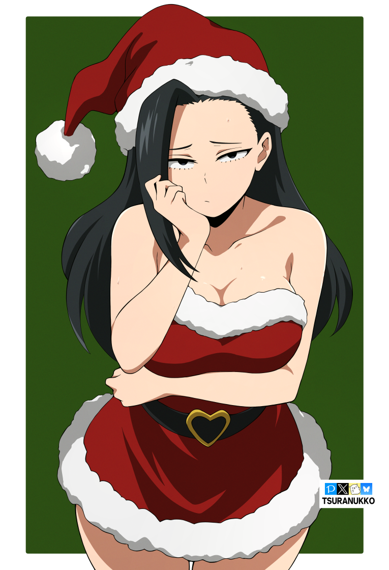 1girls big_breasts black_eyes black_hair breasts closed_mouth female female_focus female_only long_hair looking_at_viewer momo_yaoyorozu my_hero_academia santa_costume santa_hat solo solo_female solo_focus sweat thick_thighs tsuranukko