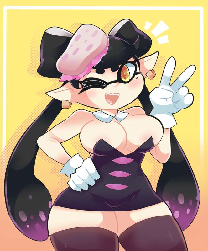 1girls big_breasts black_thighhighs breasts callie_(splatoon) clothed detached_collar female female_only gloves hair hair_ornament hand_on_hip hand_on_own_hip inkling inkling_girl inner_sideboob large_breasts long_hair mole mole_under_eye nintendo no_bra one_eye_closed onigiri_punch open_mouth pointy_ears revealing_clothes sideboob splatoon teasing tentacle_hair thighhighs tongue two_tone_hair v v_sign white_gloves wink winking_at_viewer