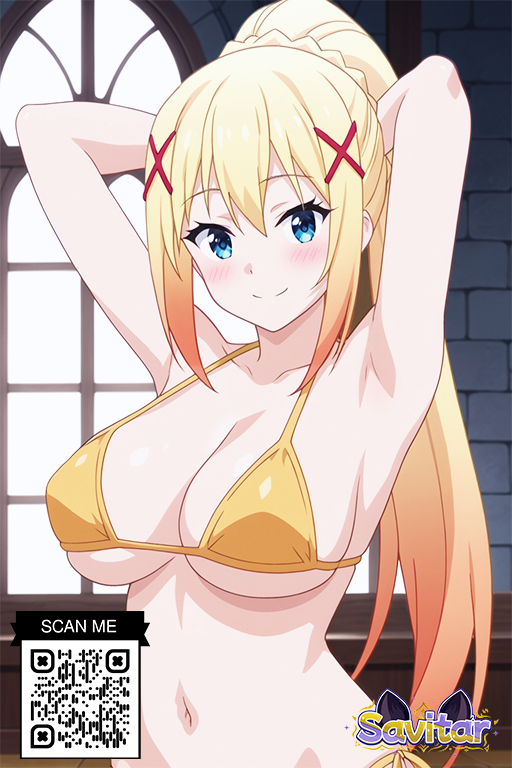 ai_generated armpits arms_behind_head arms_up bangs bikini blonde_hair blue_eyes blush braid breasts clavicle cleavage closed_mouth clothing darkness_(konosuba) female female female_only hair_between_eyes hair_ornament hairclip indoors kono_subarashii_sekai_ni_shukufuku_wo! large_breasts littlehentai long_hair looking_at_viewer navel ponytail savitar savitar_(artist) side-tie_bikini_bottom sidelocks smile solo stomach string_bikini swimsuit tied_hair underboob upper_body window x_hair_ornament yellow_bikini