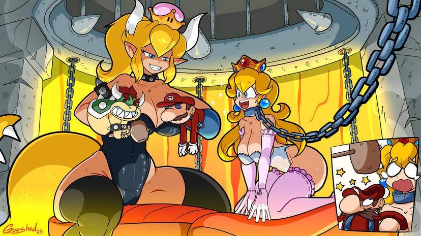 2girls armlet black_leotard blonde_hair blue_eyes bondage bowser bowsette breasts chain_leash character_doll collar crown earrings elbow_gloves gloves gunshad hand_puppet happy horns large_breasts leotard long_hair mario mario_(series) nintendo ponytail princess_peach puppet puppets spiked_armlet spiked_collar super_crown tail thighhighs upset white_leotard