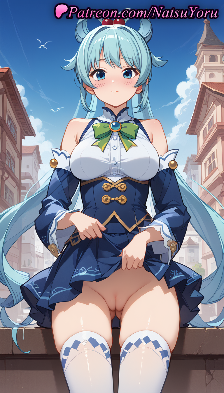 1girls :3 ai_generated anime anime_style aqua_(konosuba) aqua_hair ass_visible_through_thighs bangs bare_shoulders bird blue_eyes blue_hair blue_shirt blue_skirt blue_sky blush bow bowtie breasts brooch building bust busty cleft_of_venus closed_mouth clothes_lift cloud cowboy_shot day detached_sleeves female female_focus female_only flashing gem green_bow green_bowtie groin hair_bobbles hair_ornament hair_rings hentai jewelry kono_subarashii_sekai_ni_shukufuku_wo! large_breasts lifted_by_self long_hair long_sleeves looking_at_viewer medium_breasts miniskirt natsuyoru no_panties nopan outdoors paipan pleated_skirt public_indecency pussy shirt skindentation skirt skirt_lift sky sleeveless sleeveless_shirt smile solo solo_female standing thigh_gap thighhighs thighs twintails uncensored underbust vagina very_long_hair voluptuous voluptuous_female white_shirt white_sleeves white_thighhighs