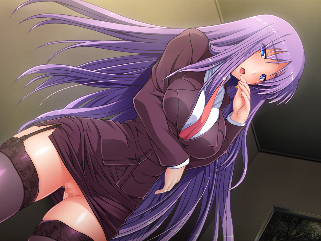 blue_eyes blush breasts censored female game_cg garter_straps highres ino large_breasts legs long_hair looking_at_viewer midori_aoi necktie nise_kyouso no_panties open_mouth purple_hair pussy skirt solo standing suit takatsu_miki thighhighs thighs