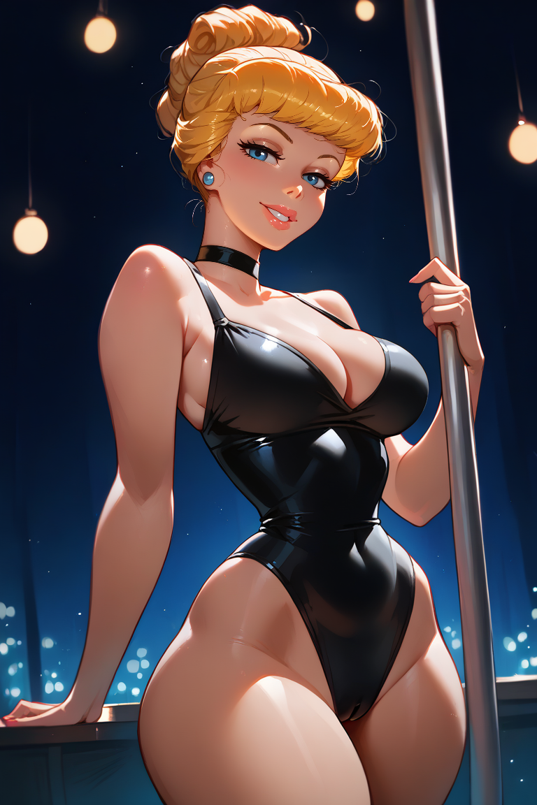 1girl ai_generated bedroom_eyes black_leotard blonde_hair blue_earrings cameltoe camisole choker cinderella cinderella_(1950_film) cinderella_(disney) covered_navel cowboy_shot eyelashes groin hair_bun half-closed_eyes highleg_leotard indoors large_breasts leotard lips looking_at_viewer looking_down narrow_waist narrowed_eyes pole pole_dancing seductive targyria_(ai_generator) thighs updo wide_hips