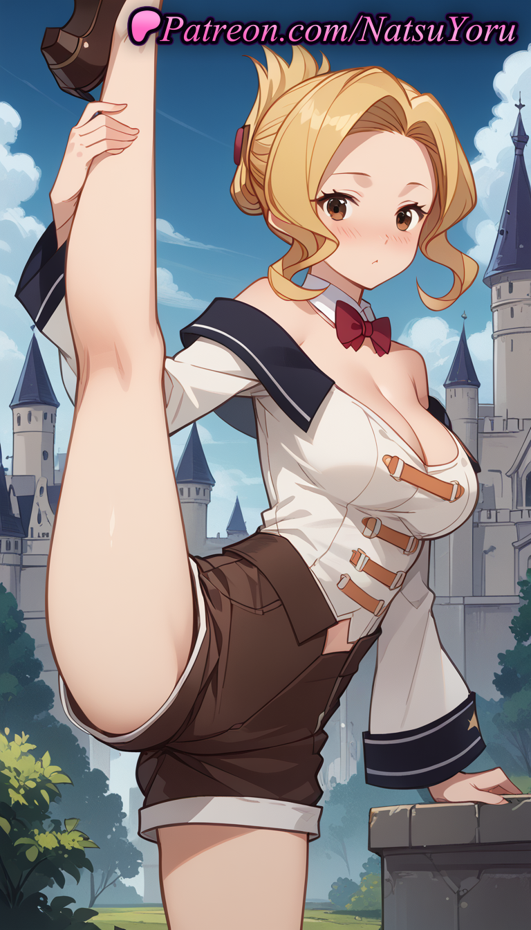 1girls ai_generated anime anime_style arm_support asian bangs bare_shoulders blonde_hair blouse blue_sky blush bow bowtie breasts brown_eyes brown_footwear brown_shorts building bust busty castle cleavage closed_mouth cloud day detached_collar female female_focus female_only folded_ponytail forehead hentai high-waist_shorts holding_leg kneepits kono_subarashii_sekai_ni_shukufuku_wo! large_breasts leg_lift leg_up long_sleeves looking_at_viewer luna_(konosuba) medium_breasts natsuyoru navel off-shoulder_shirt off_shoulder outdoors parted_bangs red_bow red_bowtie shirt shoes short_shorts shorts sidelocks sky solo solo_female split spread_legs standing standing_on_one_leg standing_split thighs voluptuous voluptuous_female white_shirt