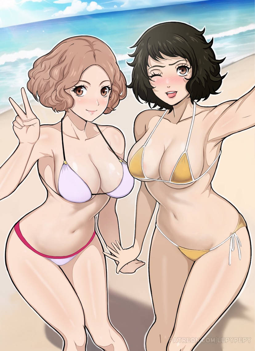 2girls ai_assisted beach bikini black_hair breasts brown_eyes brown_hair clouds haru_okumura large_breasts lepypepy looking_at_viewer medium_breasts midriff navel ocean outside persona persona_5 pink_bikini pink_swimsuit sadayo_kawakami short_hair side-tie_bikini side-tie_swimsuit sky swimsuit v water yellow_bikini yellow_swimsuit