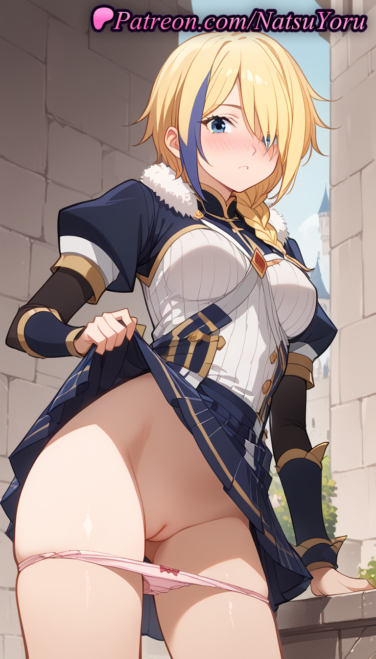 1girls ai_generated anime anime_style arm_support ass_visible_through_thighs blonde_hair blue_eyes blue_hair blue_skirt blush bow bow_panties braid braided_ponytail breasts brick_wall bust busty caucasian claire_(konosuba) cleft_of_venus closed_mouth clothes_lift cowboy_shot day female female_focus female_only fur_trim groin hair_over_one_eye hair_over_shoulder hentai kono_subarashii_sekai_ni_shukufuku_wo! labia lifted_by_self long_hair long_sleeves looking_at_viewer medium_breasts miniskirt multicolored_hair natsuyoru non-asian nose_blush outdoors paipan panties panties_down pantsu panty_pull pink_panties pleated_skirt puffy_sleeves pussy short_sleeves single_braid skindentation skirt skirt_lift solo solo_female standing streaked_hair thighs two-tone_hair uncensored underwear vagina voluptuous voluptuous_female