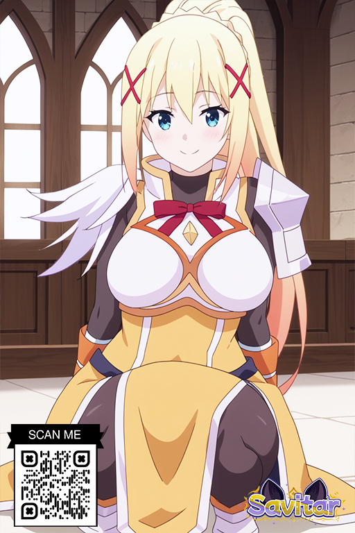 ai_generated armor armored_dress bangs blonde_hair blue_eyes blush breastplate breasts closed_mouth clothing darkness_(konosuba) female female hair_between_eyes hair_ornament hairclip indoors kono_subarashii_sekai_ni_shukufuku_wo! large_breasts legwear littlehentai long_hair looking_at_viewer ponytail savitar savitar_(artist) shoulder_armor sidelocks sitting smile solo squatting sword_art_online tied_hair very_long_hair x_hair_ornament