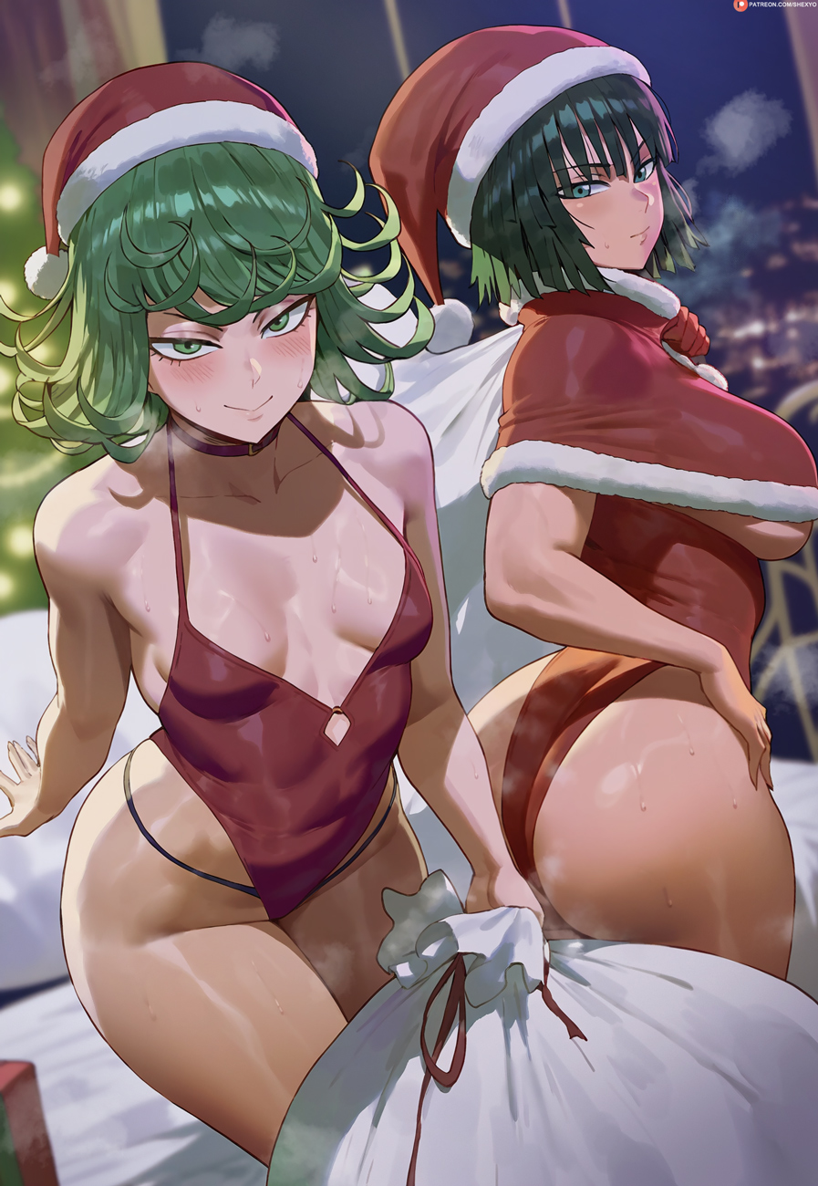 2girls ai_generated ass breast_size_difference breasts christmas female fubuki_(one-punch_man) green_eyes green_hair large_ass large_breasts light-skinned_female light_skin one-punch_man shexyo sisters small_breasts tatsumaki thick_thighs