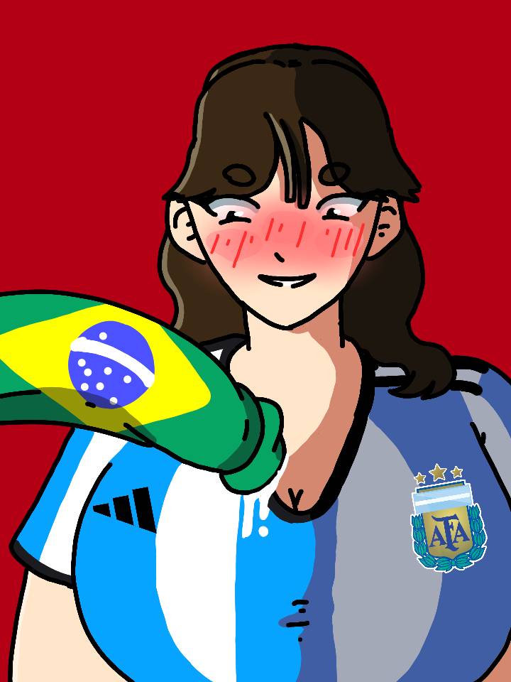 argentina big_breasts big_cock big_dick black_eyes blacked blush brasil brazil brazilian breasts brown_hair cock dick female feral_on_female football football_shirt funny jersey light-skinned nipples soccer soccer_uniform zoophilia