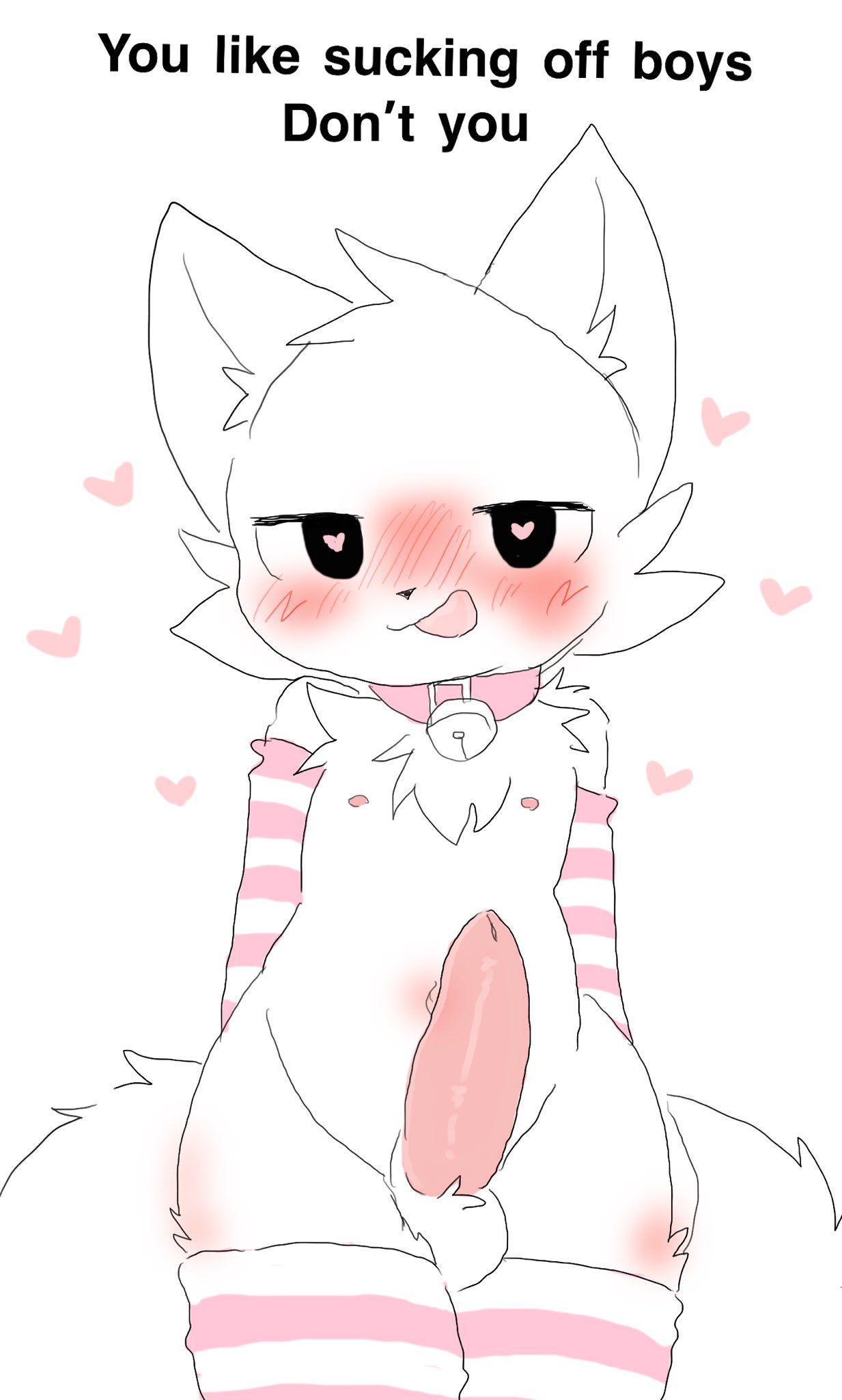 anthro arm_warmers armwear ball_tuft balls bell bell_collar black_eyes blush blush_lines boy_kisser_(meme) chano cheek_tuft chest_tuft clothing collar domestic_cat erection facial_tuft felid feline felis femboy fluffy fluffy_ears fluffy_tail fur genitals hands_behind_back heart_eyes heart_symbol hi_res legwear looking_at_viewer male mammal meme navel nipples open_mouth open_smile pattern_arm_warmers pattern_armwear pattern_clothing pattern_legwear pattern_thigh_highs penis pink_arm_warmers pink_armwear pink_clothing pink_collar pink_legwear pink_thigh_highs silly_cat_(mauzymice) smile solo striped_arm_warmers striped_armwear striped_clothing striped_legwear striped_thigh_highs stripes tail text thigh_highs tuft white_body white_fur