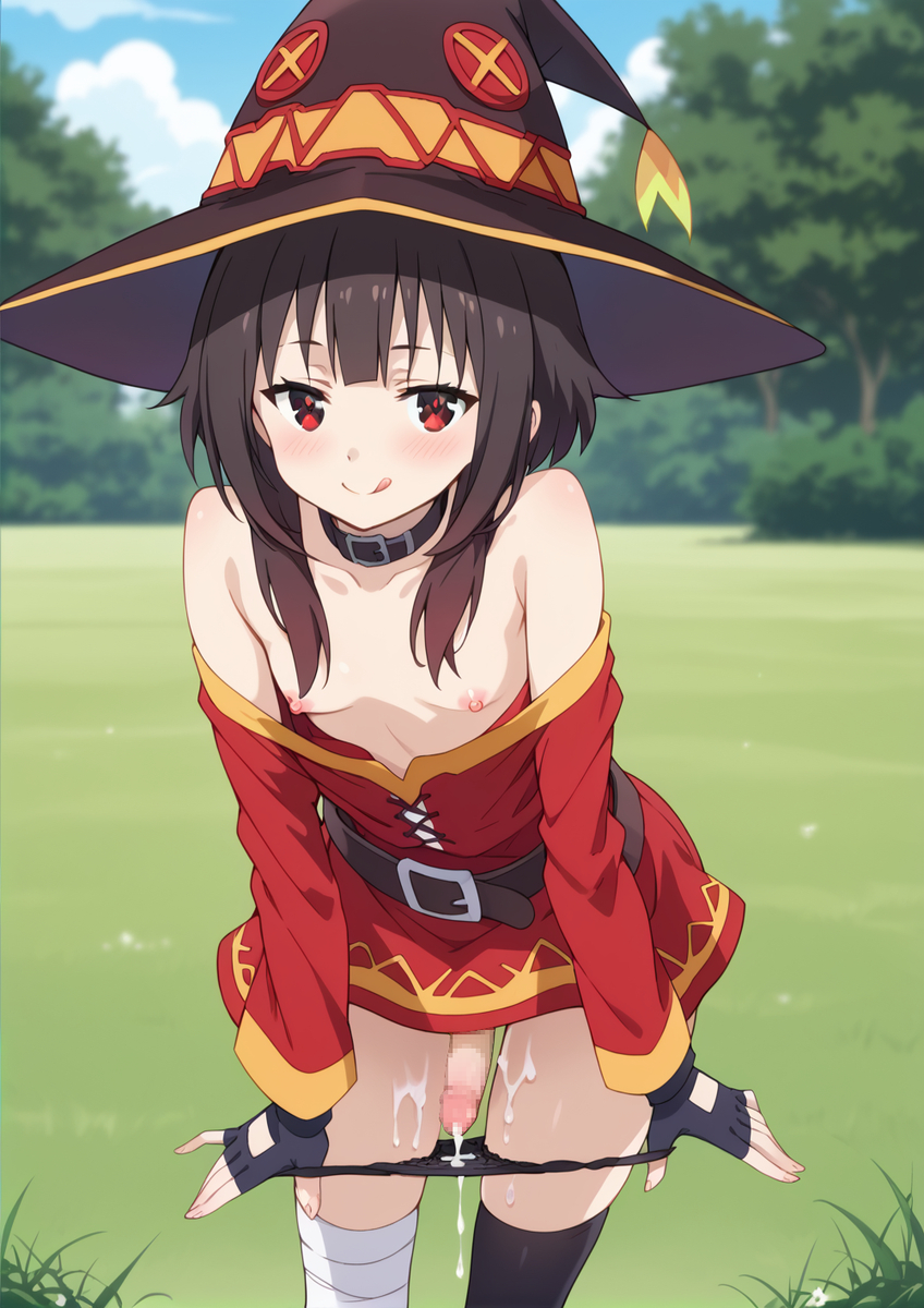 1futa ai_generated balls black_hair blush breasts cock dickgirl flaccid foreskin futa_only futanari half_naked huge_cock indoors kneeling kono_subarashii_sekai_ni_shukufuku_wo! light-skinned_futanari light_skin looking_at_viewer megumin naked nipples on_bed panties panties_down penis precum red_eyes short_hair small_breasts smug solo