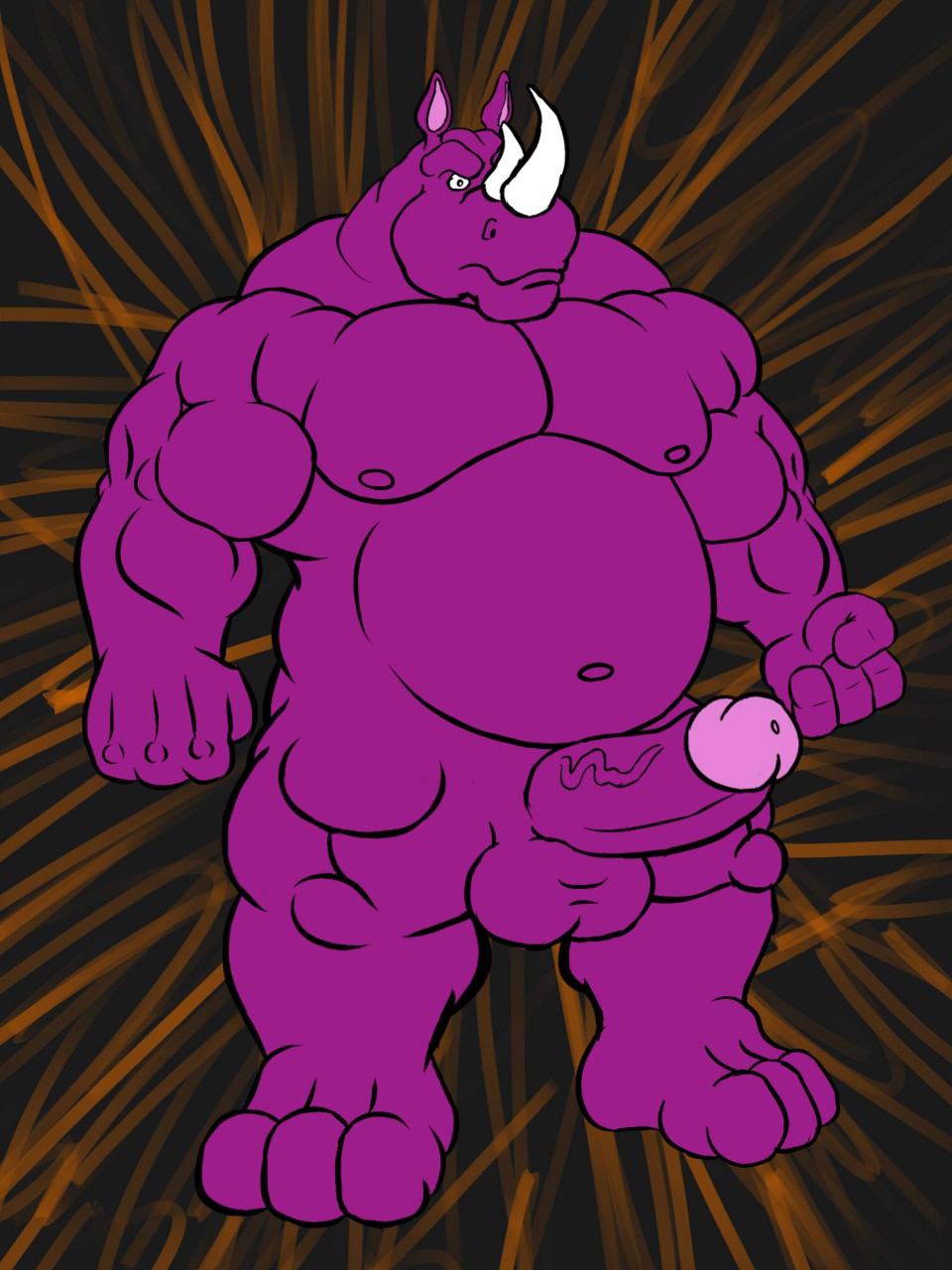 anthro balls belly biceps big_muscles chubby furry furry_only horn krosbar_(artist) male male_only mammal muscles neff nude overweight pecs penis rhinoceros solo standing wreck-it_ralph