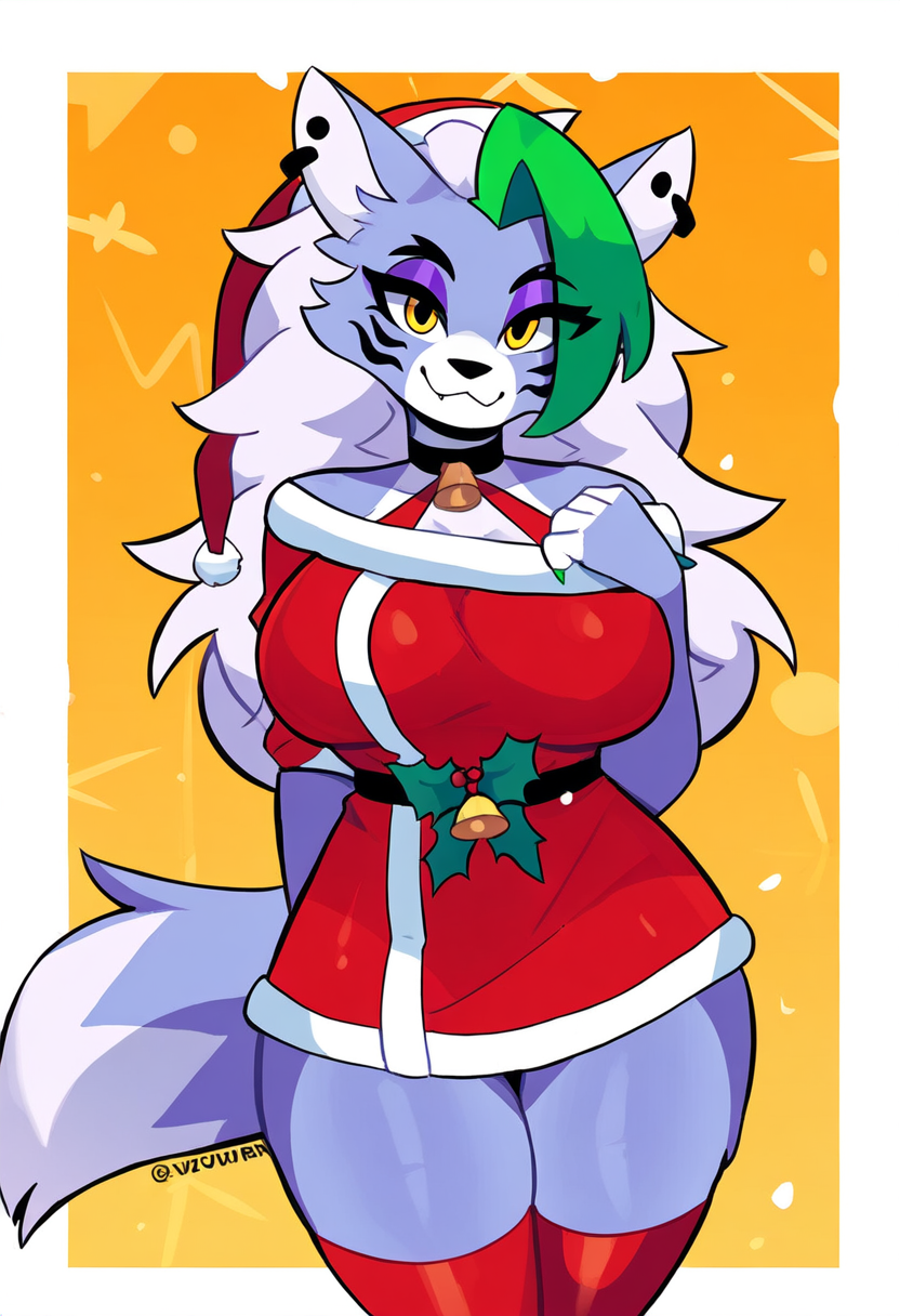 ai_generated anthro big_breasts christmas christmas_headwear christmas_outfit female female_only five_nights_at_freddy's five_nights_at_freddy's:_security_breach legwear nai_diffusion novelai roxanne_wolf_(fnaf) self_upload thighs weedvee420