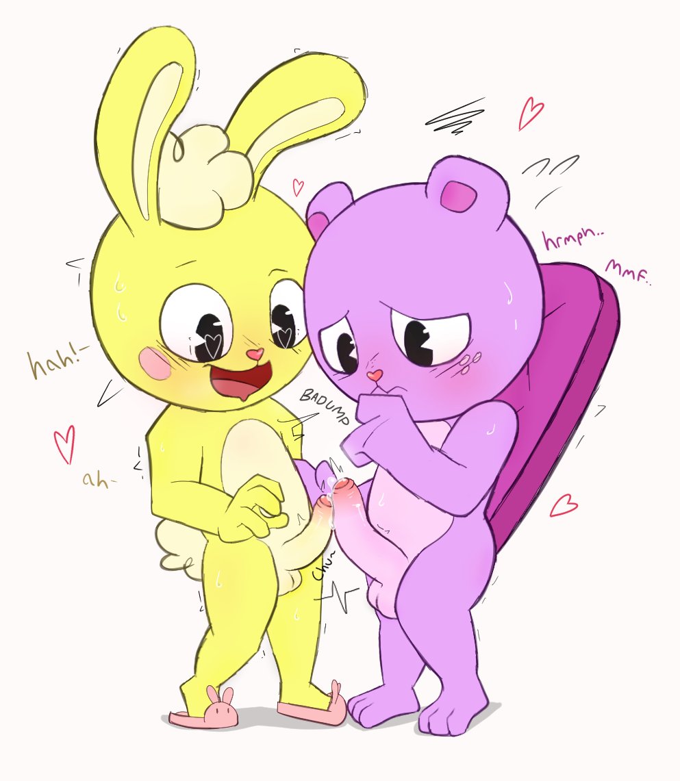 anthro beaver big_penis blush bodily_fluids clothing comparing comparing_penis cuddles_(htf) footwear foreskin frottage genital_fluids genitals happy_tree_friends heart_symbol heartbeat lagomorph leaking_precum leporid male male/male mammal moan penile penis penis_size_difference precum rabbit rodent sex shoes slippers solo toothy_(htf) trolley_cat