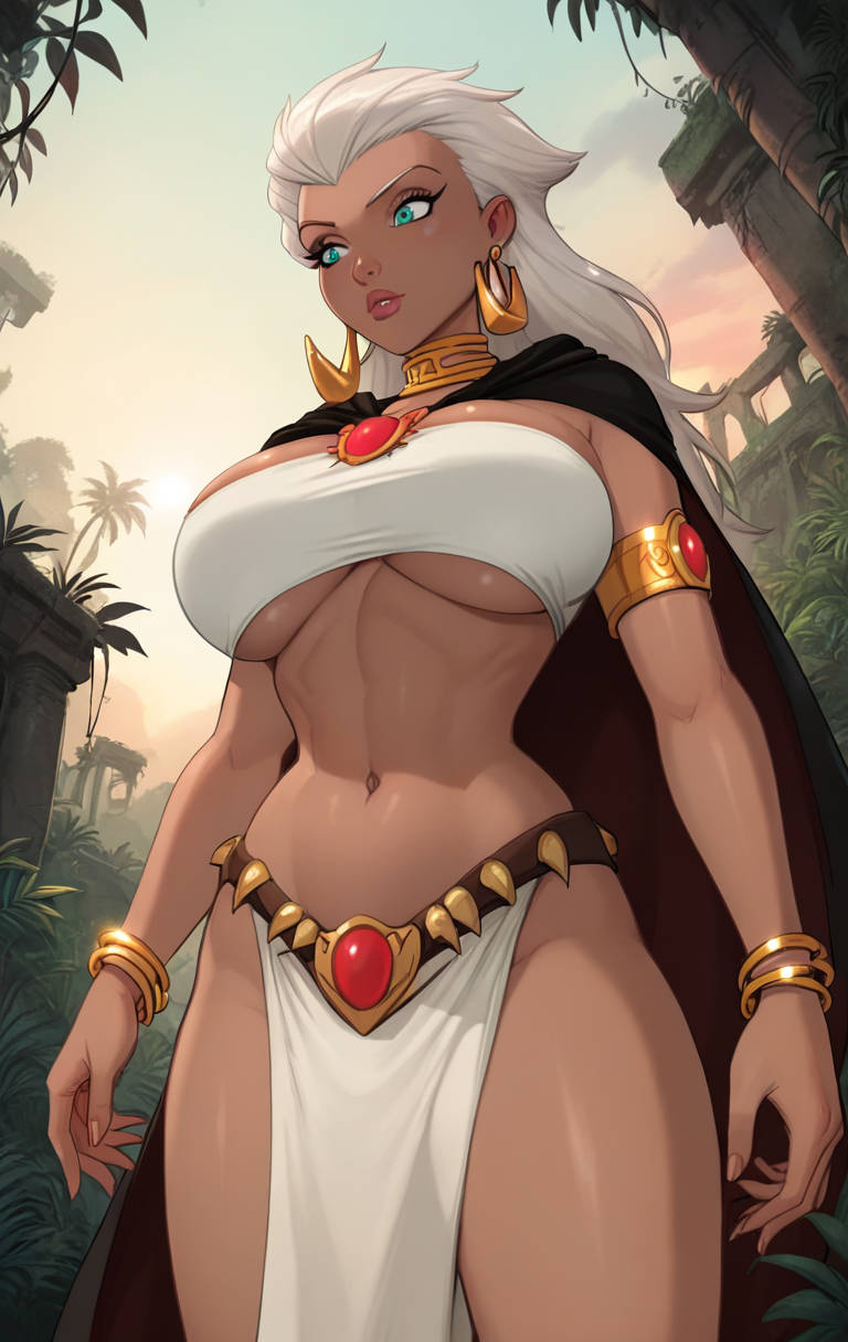 african african_female ai_generated blue_eyes breasts cape dark-skinned_female dark_skin disney golden_accessories jungle loincloth low-angle_view midriff pelvic_curtain queen queen_la revealing_clothes revealing_outfit solo_female the_legend_of_tarzan thighs topwear villainess white_hair