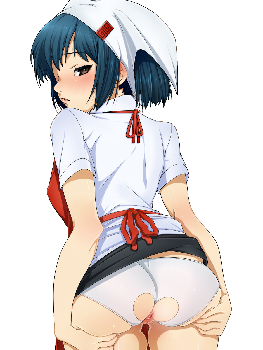 abstract_background aika_nakamura anus apron ass blue_hair blush brown_eyes female female_only inviting looking_at_viewer looking_back open_mouth panties persona persona_4 persona_4_the_animation presenting presenting_hindquarters puffy_anus pussy short_hair solo spreading standing white_background