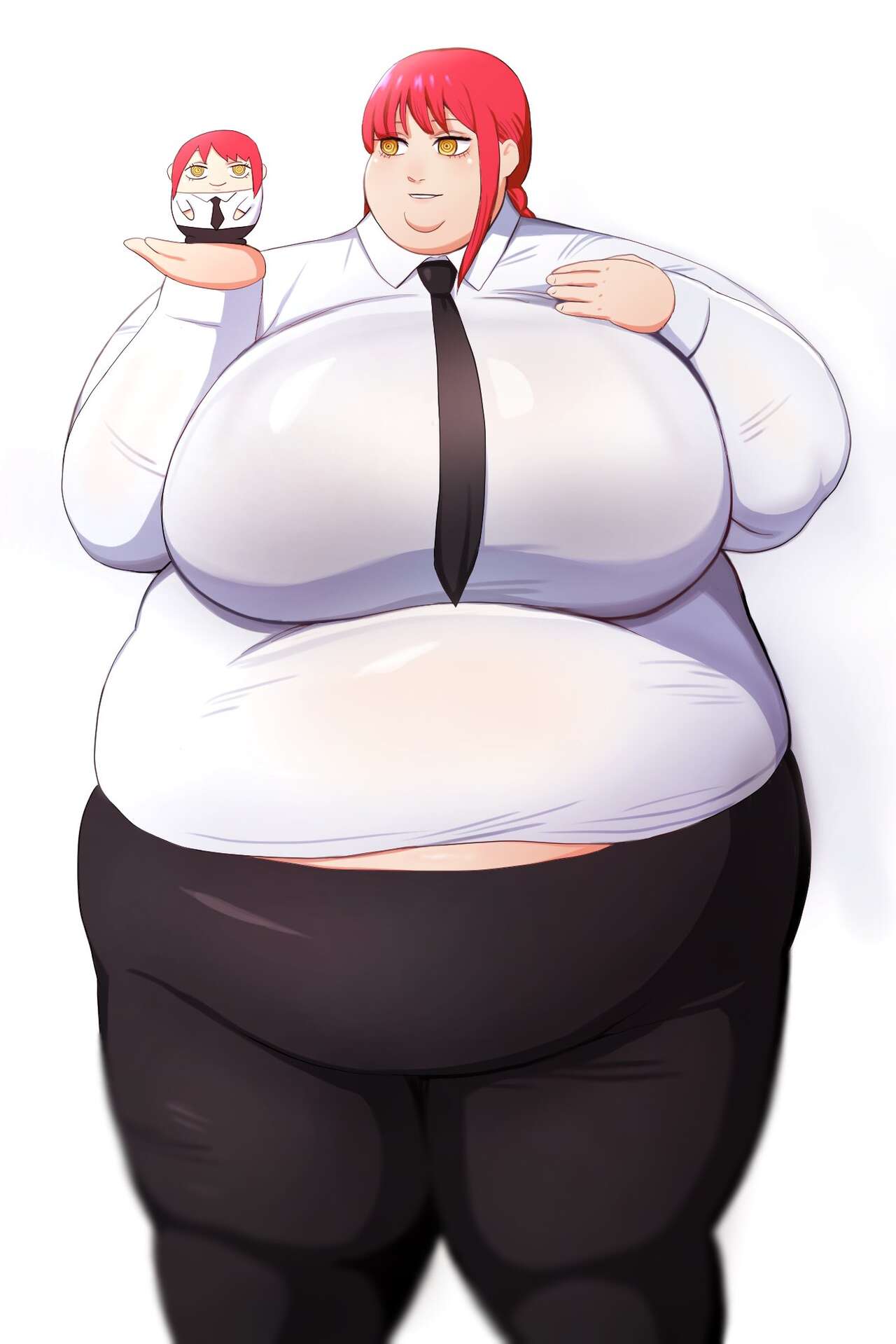 1girls chainsaw_man fat_fetish fully_clothed large_belly large_breasts looking_at_item makima_(chainsaw_man) nikutsuki orange_yellow_eyes plushie red_hair ringed_eyes ssbbw tight_clothing