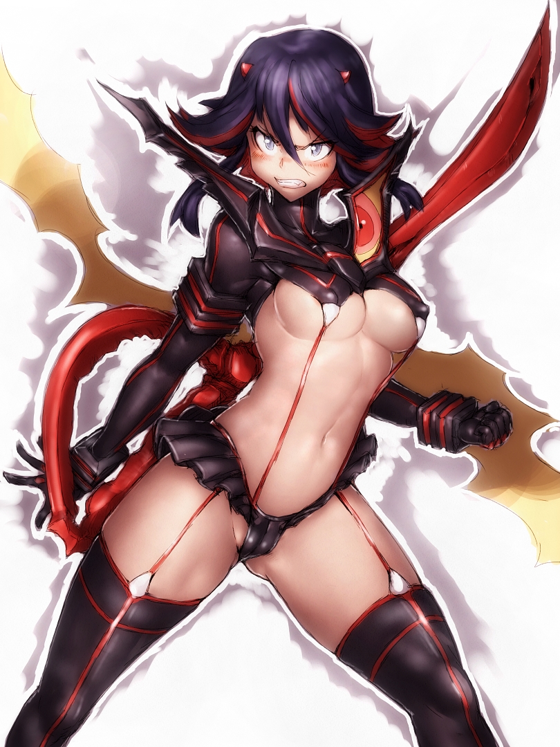 1girls, angry, black hair, black-haired female, blue eyes, blush, breasts, cameltoe, cleavage, clenched teeth, female, fumio (rsqkr), garter straps, gloves, highlights, hourglass figure, kill la kill, large breasts, looking at viewer, matoi ryuuko, navel, pussy, scissor blade, senketsu, solo, standing, suspenders, thighhighs, underboob, weapon
