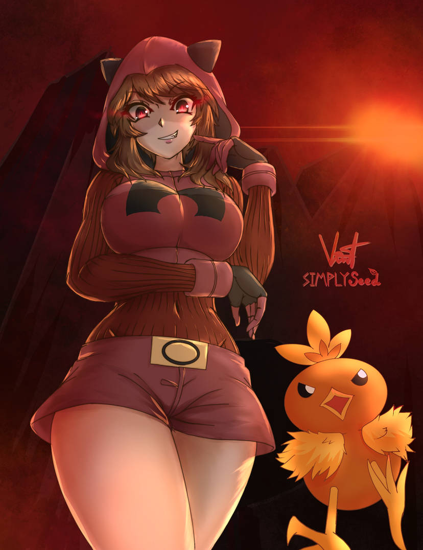 1girls bodysuit bodysuit_under_clothes breasts brown_hair fake_horns gloves hood hood_up horned_hood horns large_breasts looking_at_viewer may_(pokemon) nintendo pokemon pokemon_rse red_bodysuit red_eyes red_shorts red_sweater short_hair short_shorts shorts simplyseed sweater team_magma team_magma_uniform torchic