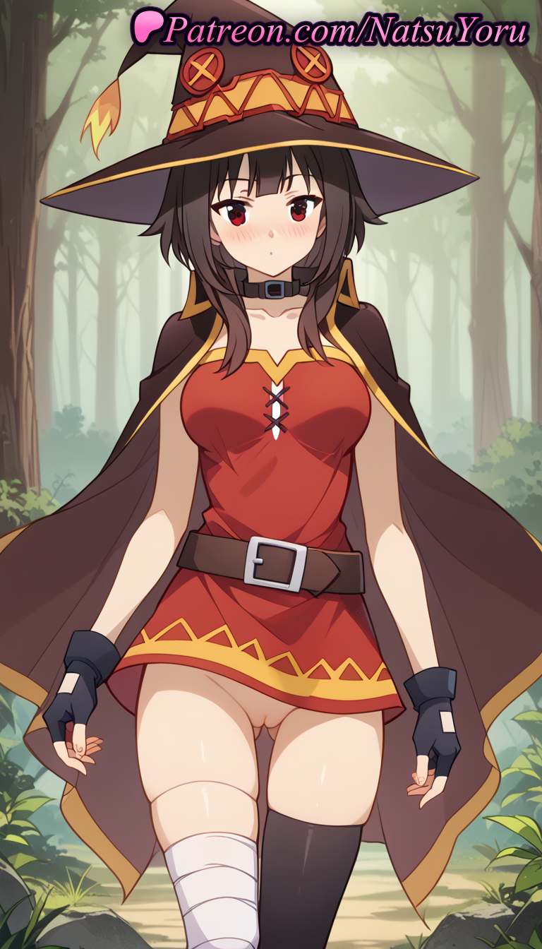 1girls ai_generated alternate_breast_size anime anime_style anus asian ass_visible_through_thighs asshole asymmetrical_legwear bandaged_leg bandages bangs belt belt_buckle black_belt black_cape black_choker black_gloves black_hair black_headwear black_thighhighs blush breasts brown_belt brown_cape brown_hair brown_headwear buckle bust busty button_eyes cape choker cleft_of_venus closed_mouth collar collarbone cowboy_shot day dress female female_focus female_only female_solo fingerless_gloves forest gloves grass hat hentai kono_subarashii_sekai_ni_shukufuku_wo! looking_at_viewer medium_breasts megumin mismatched_legwear natsuyoru nature no_panties outdoors pussy red_dress red_eyes short_dress short_hair short_hair_with_long_locks sidelocks single_thighhigh skindentation small_breasts socks solo solo_female standing thigh_gap thighhighs tree uncensored vagina voluptuous voluptuous_female witch_hat