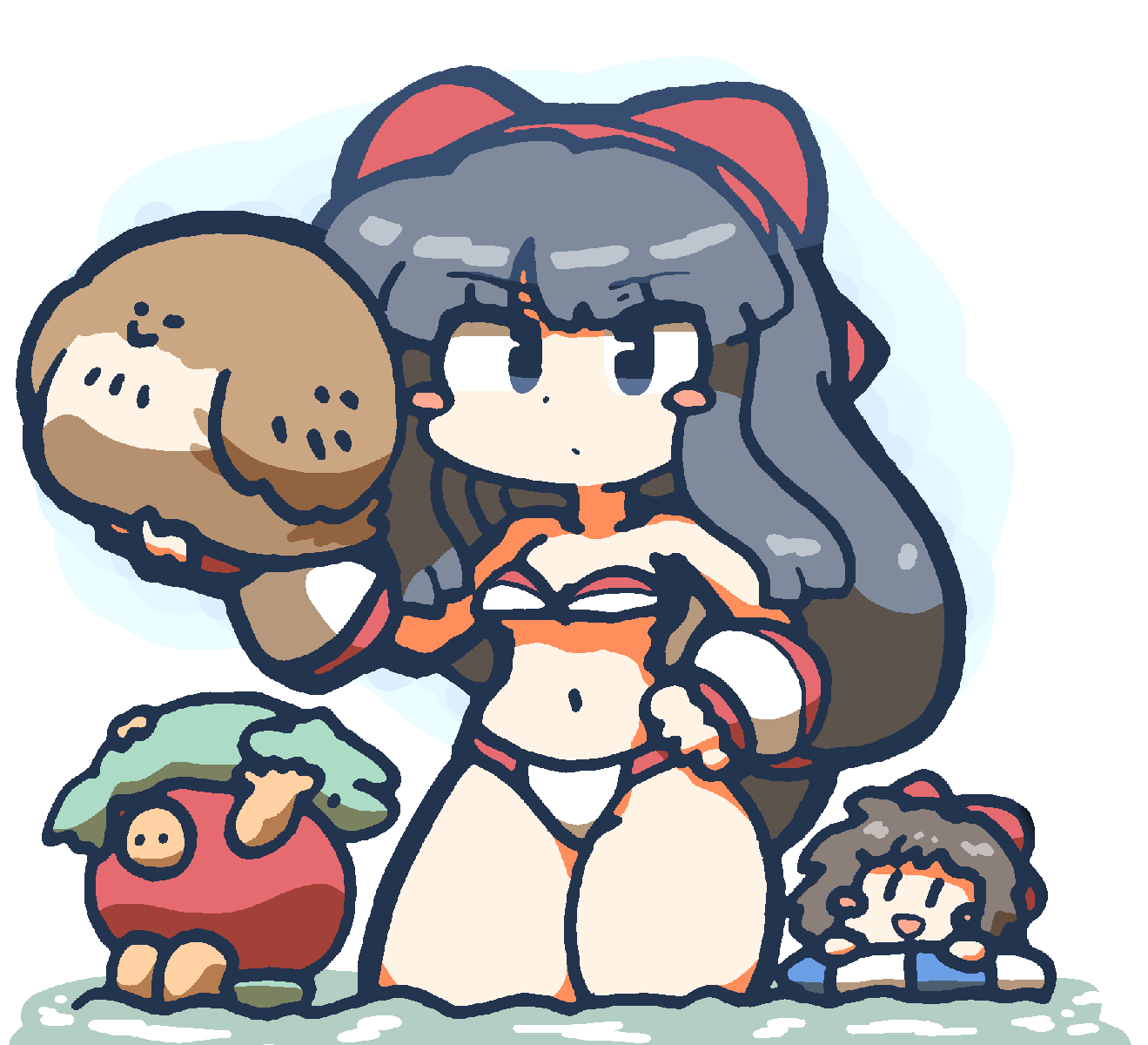 2girls bandeau_bikini bikini black_hair blue_eyes breasts brown_hair cleavage female female_only fingerless_gloves gloves hair_ribbon hand_on_hip highres king_of_fighters legs long_hair mamahaha medium_breasts multicolored_bikini multiple_girls nakoruru navel open_mouth pose posing ribbon samurai_shodown serious short_hair smile snk swimsuit thick_thighs thighs tongle