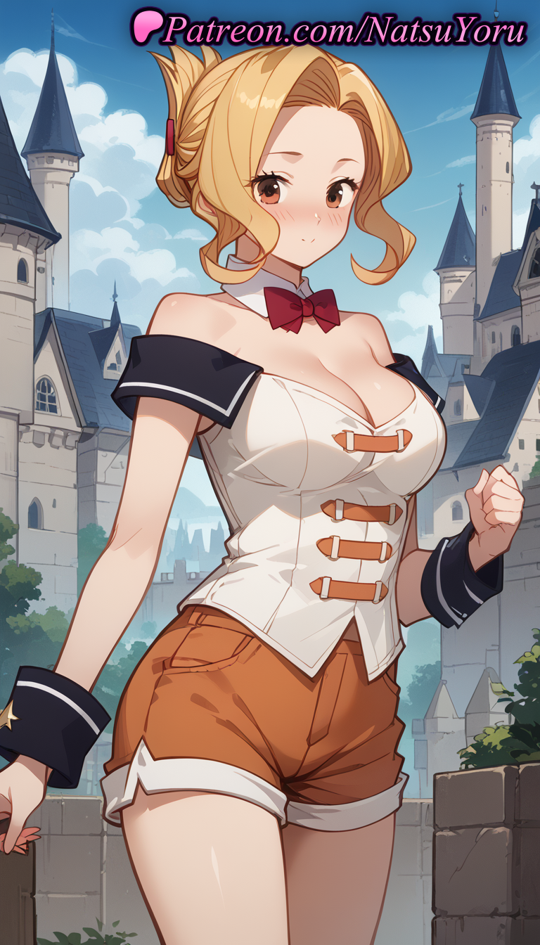 1girls ai_generated anime anime_style bare_shoulders blonde_hair blue_sky blush bow bowtie breasts brown_eyes brown_shorts building bust busty castle cleavage closed_mouth cloud collar corset cowboy_shot day detached_collar female female_focus female_only folded_ponytail forehead hair_bun hentai kono_subarashii_sekai_ni_shukufuku_wo! large_breasts looking_at_viewer luna_(konosuba) medium_breasts natsuyoru off_shoulder orange_shorts outdoors parted_bangs red_bow red_bowtie shirt short_shorts shorts sky smile solo solo_female standing thighs voluptuous voluptuous_female white_shirt wrist_cuffs