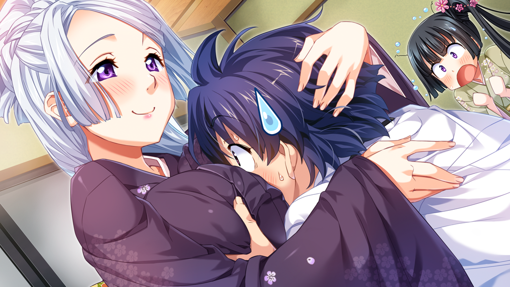 2girls between_breasts black_hair blue_hair blush breast_grab breast_smother breasts firia_miyoshino game_cg hair_bun highres himegoto_union himegoto_union_motto_h japanese_clothes kawahara_makoto kimono large_breasts long_hair miyoshino_koharu multiple_girls open_mouth purple_eyes short_hair smile standing sweatdrop takeya_masami white_hair