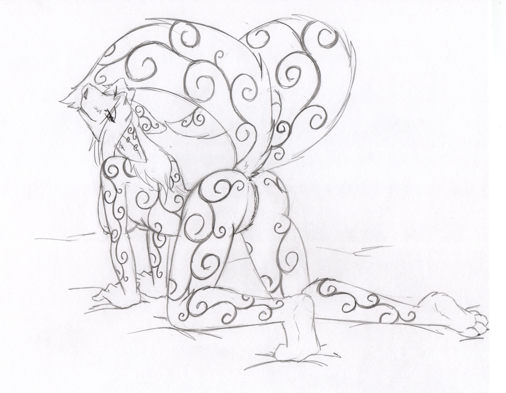 anthro ass breasts canine dalthia female fey fur furry hindpaw looking_at_viewer looking_back mammal monochrome multi_tail nipples nude paws pussy raised_tail solo swirls tail tails tiera_foxglove toes wolf wolfsune