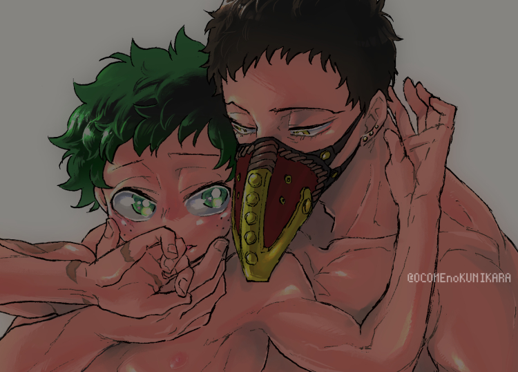 2boys age_difference big_eyes boku_no_hero_academia chisaki_kai deku enemies enemies_to_lovers face_grab femboy freckles gay green_eyes green_hair hero_and_villain izuku_midoriya kai_chisaki male male/male male_focus male_only mask mask_only midoriya_izuku multiple_boys my_hero_academia older_dom_younger_sub older_man_and_younger_boy overhaul piercing scar shirtless shirtless_male suggestive topless topless_male twink yaoi