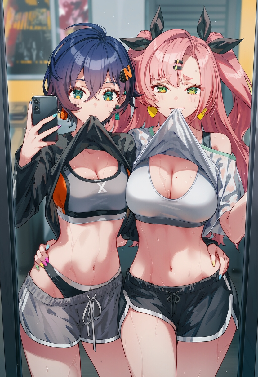 2girls, after workout, ai generated, belle (zenless zone zero), curvy body, curvy female, curvy figure, female, female focus, female only, green eyes, gym shorts, lifting shirt, mirror reflection, mirror selfie, navy blue hair, nicole demara, phone camera, pink hair, raaicave, sports bra, sportswear, sweating, sweating female, zenless zone zero