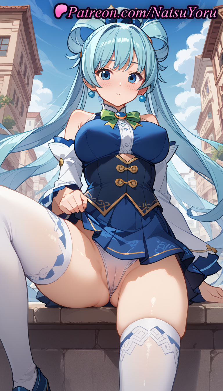 1girls ai_generated anime anime_style aqua_(konosuba) aqua_hair asian ass_visible_through_thighs bangs bare_shoulders blue_eyes blue_footwear blue_hair blue_shirt blue_skirt blue_sky blush bow bowtie breasts building bust busty cameltoe closed_mouth clothes_lift clothing cloud covered_nipples day detached_sleeves earrings female female_focus female_only gem green_bow green_bowtie hair_rings hentai jewelry knee_up kono_subarashii_sekai_ni_shukufuku_wo! large_breasts legs lifted_by_self long_hair long_sleeves looking_at_viewer medium_breasts miniskirt natsuyoru outdoors panties pantsu partially_visible_vulva pleated_skirt shirt single_hair_ring sitting skindentation skirt skirt_lift sky smile solo solo_female thighhighs thighs twintails underwear very_long_hair voluptuous voluptuous_female white_panties white_sleeves white_thighhighs