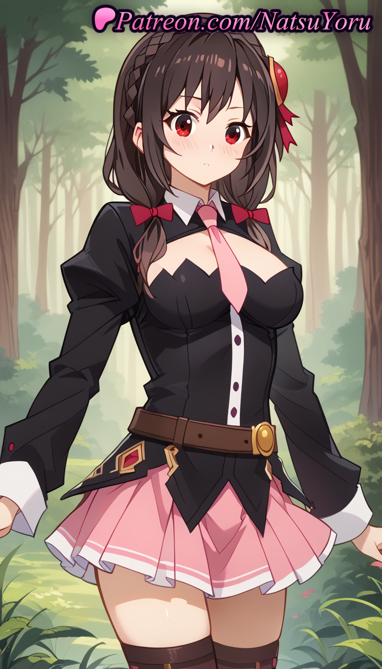 1girls ai_generated anime anime_style bangs belt between_breasts black_hair black_shirt black_thighhighs blouse blush bow braid breasts brown_belt brown_hair brown_thighhighs bust busty cleavage cleavage_cutout closed_mouth clothing_cutout cowboy_shot crown_braid female female_focus female_only forest grass hair_ornament hairbow hentai juliet_sleeves kono_subarashii_sekai_ni_shukufuku_wo! large_breasts long_hair long_sleeves looking_at_viewer low_twintails medium_breasts medium_hair miniskirt natsuyoru nature necktie outdoors pink_necktie pink_skirt pleated_skirt puffy_sleeves red_bow red_eyes ribbon shirt skirt solo solo_female standing thighhighs thighs tie tree twintails voluptuous voluptuous_female yunyun_(konosuba) zettai_ryouiki